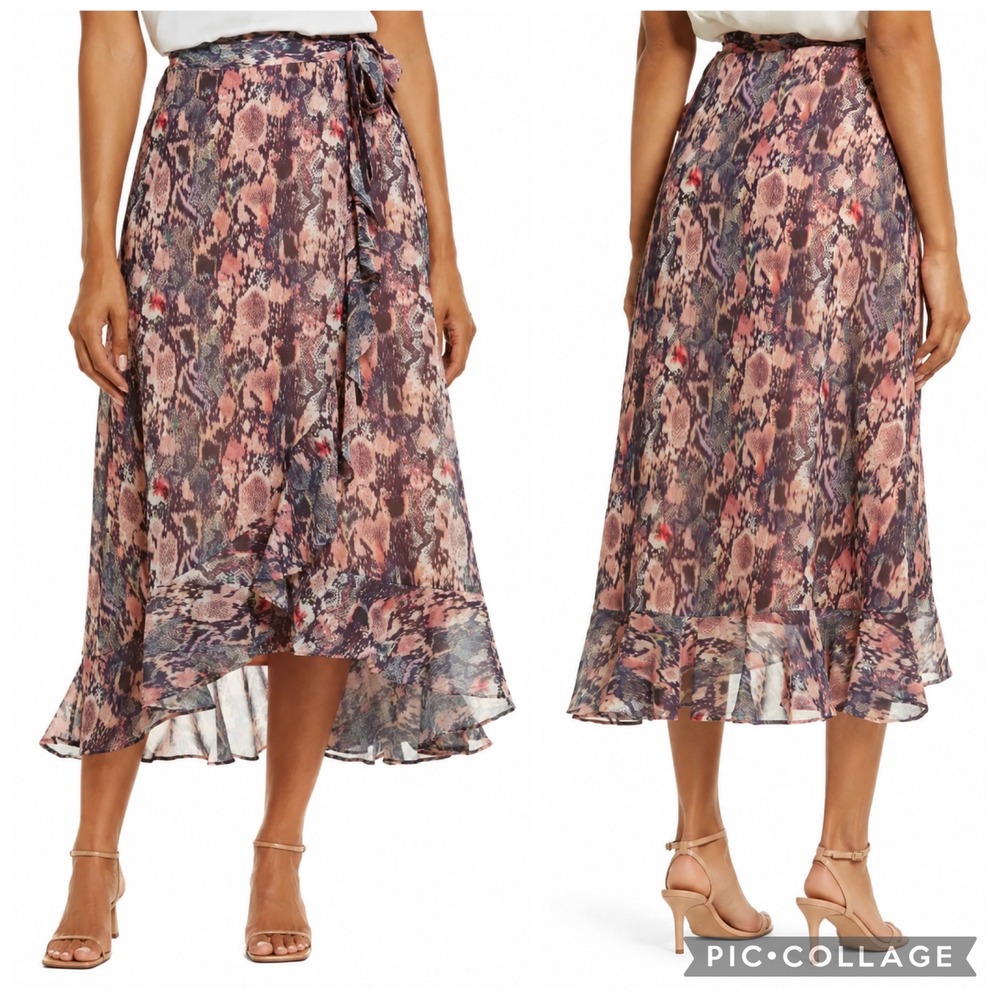 AllSaints Cosmo Masala Women's Pink Purple Print Ruffle Wrap Skirt US 4 UK 8